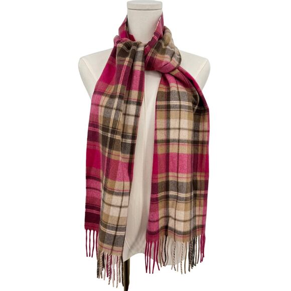 Amicale scarf 100% cashmere fringe plaid pink tan - Picture 2 of 5